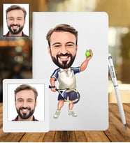 Kişiye Özel Tenisçi Tasarımlı Karikatür Deri Defter & Metal Tükenmez Kalem + Ahşap Çerçeve hediye 50