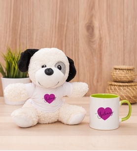 Kişiye Özel Mor Kalpli İsimli Peluş Köpek ve Yeşil Kupa