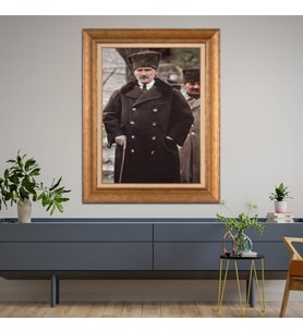 Altın Varaklı Çerçeveli Paspartulu Atatürk Tablo nl02A571 (Gold)