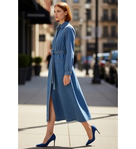 Kadınlar İçin Mavi Gömlek Yaka A Line Kemerli Maxi Denim Elbise %100 Pamuklu Günlük Şıklık