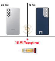 Samsung Galaxy S26 Gümüş Renk Lensli Arka Kapak + B7000 Yapıştırıcı Arka Cam Batarya Kapağı Pil Kapağı Lazer Kesim Back Cover Galaxy S26 Uyumlu