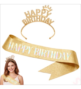 Happy Birthday Taç ve Kuşak Seti - Altın