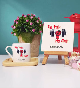 No Pain No Gain Ahşap Altlıklı Türk Kahvesi Fincanı ve Dekoratif Taş Baskı