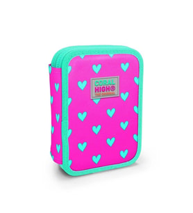 CORAL HIGH KIDS 11133 NEON PEMBE SU YEŞİLİ KALP DESENLİ ÇİFT KATLI KALEM ÇANTASI