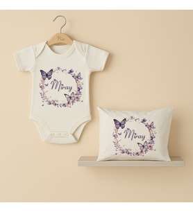 Pia Baby Premium %100 Pamuk İsme Özel Organik Baskılı Çıtçıtlı Bebek Body Ve Yastık Kılıfı 5090-19 (Ekru)