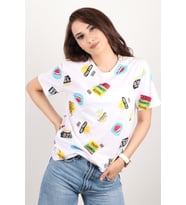 Kadın Baskılı Bisiklet Yaka Oversize T-shirt