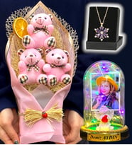 Kişiye Özel Renkli Led Işıklı Fanus, Büyük Boy Ayıcık Buketi ve Gerçek Ametist Taşlı Lotus Kolye (Model 6)