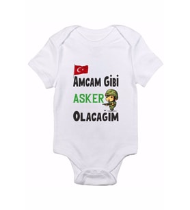 Unisex Bebek Beyaz Amcam Gibi Asker Olacağım Baskılı Body Zıbın
