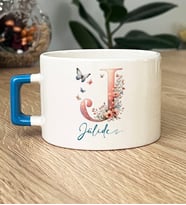 Kişiye Özel Çiçekli Kelebekli J Harfli Hediye Lüks Fincan İsimli İsim Yazılı (Mavi)