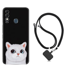 Tecno Spark 8T Kılıf Resimli Boyun Askılı İpli Desenli Silikon Series White Cat 1835