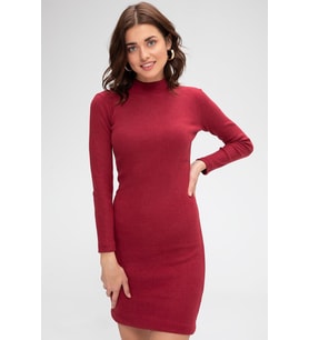 Kadın Bordo Kaşkorse Balıkçı Yaka Uzun Kollu Bodycon Mini Elbise