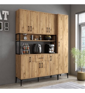 Tanmob MDL0502 Alt Üst Tek Kapılı Çok Amaçlı Dolap 8 Kapaklı Çekmeceli Raflı Çam