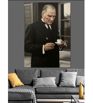 Kahve İçen Atatürk Fotoğrafı Dekoratif Kanvas - Mdf Ahşap Tablo