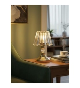Şık Taşlı Abajur, Kristal Gövdeli, Gold Detaylı Modern Masa Lambası (Krem)