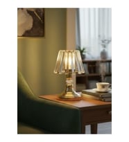 Şık Taşlı Abajur, Kristal Gövdeli, Gold Detaylı Modern Masa Lambası (Krem)