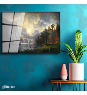 Siyah Renk Metal Çerçeveli Tamperli Cam Tablo Albert Bierstadt Yosemite Vadisi Şelale ve Göl Işık Ressam Tablosu Dekoru
