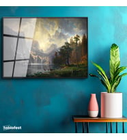 Siyah Renk Metal Çerçeveli Tamperli Cam Tablo Albert Bierstadt Yosemite Vadisi Şelale ve Göl Işık Ressam Tablosu Dekoru