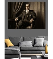 Masasında Oturan Ciddi Atatürk Portresi Dekoratif Kanvas - Mdf Ahşap Tablo