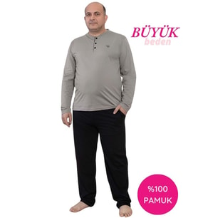 Guava Erkek Büyük Beden 3 Düğmeli %100 Pamuk Mevsimlik Uzun Kol Cepli Pijama Takımı (Gri)
