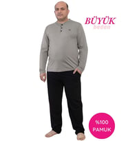Guava Erkek Büyük Beden 3 Düğmeli %100 Pamuk Mevsimlik Uzun Kol Cepli Pijama Takımı (Gri)