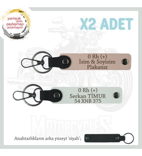 Motosiklet Sevene, İsim Plaka ve 0 Rh (+) Kan Grubu Yazılı Deri 2'li Anahtarlık, Yavruağzı-Beyaz-Syh (Çok Renkli)