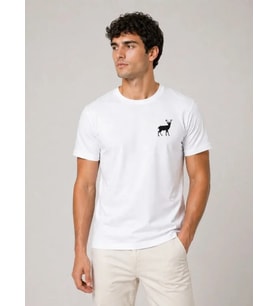 Erkek Minimal Geyik Logolu Tişört Bisiklet Yaka Kısa Kol Yazlık T-Shirt - Beyaz