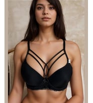Lydia Önü Şeritli Dekoltesi Tasarım Yanları Dantelli Push-up Çekici Siyah Sütyen