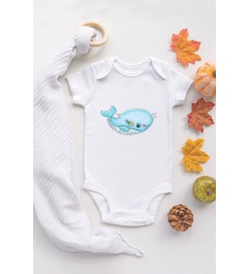 Unisex Beyaz Bebek Balina Baskılı Çıtçıtlı Body
