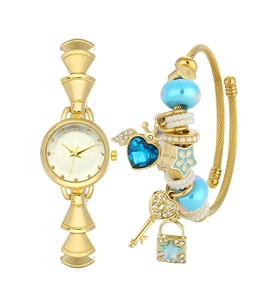 Forentina Gold Renk Bayan Kol Saati-Mavi Kalpli Charm Bileklik Set PS4198