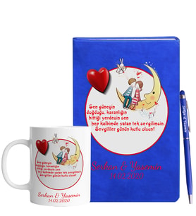 Sevgililer Gününe Özel Mavi Defter Kalem & Kupa Hediye Seti 21