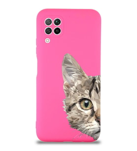 Huawei P 40 Lite Uyumlu Lansman Kılıf Catface Tasarımlı İçi Kadife Kapak-Neon Pembe (Şeffaf)