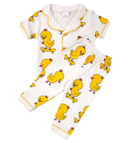 Unisex Beyaz Sarı Civciv Baskılı Kısa Kollu Pijama Takımı