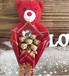 Premium 35 cm Peluş Ayı ve Romantik Balonlu Sütlü Kahve Peluş Ayıcık Buketi (Kırmızı)