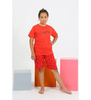 pilelistore- Kız Çocuk Şortlu Kısa Kol Penye Pijama Takım (Kırmızı)