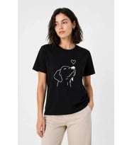 Köpek Figürlü Minimal Baskılı Tişört Kısa Kol Yazlık T-Shirt - Siyah