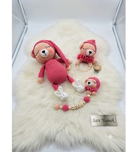 Sarı Yumak Organik El Yapımı Amigurumi Ayıcık Seti - Çıngırak, Oyuncak, Emzik Zinciri
