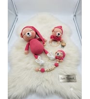 Sarı Yumak Organik El Yapımı Amigurumi Ayıcık Seti - Çıngırak, Oyuncak, Emzik Zinciri