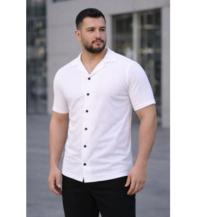 Erkek Waffle Kumaş Kısa Kollu Düğmeli Açık Yaka Regular Fit Gömlek - Beyaz