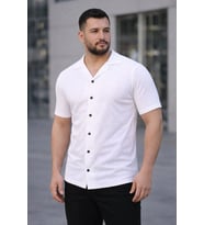 Erkek Waffle Kumaş Kısa Kollu Düğmeli Açık Yaka Regular Fit Gömlek - Beyaz