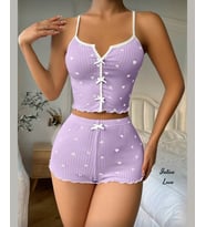 Intive Comfort Kalp Desenli V Yaka İnce Askılı Mini Şortlu Büstiyer Takım/Pijama Takımı (Lila)