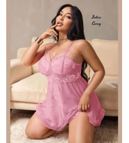 Intive Curvy Büyük Beden Çiçek Desenli Dantelli Transparan Feminen Gecelik (Pembe)