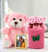 Kişiye Özel Fotoğraflı Pembe Peluş Ayıcık ve Peluş Saksıda Ayıcık Buketi Arkadaşa Kadına Sevgiliye Hediye Seti