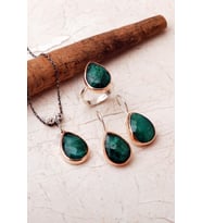 Taşlı Tasarım Elişi 925 Ayar Gümüş Damla Set 2863 (Yeşil)