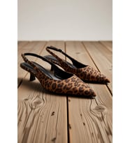 Kadın Sivri Burunlu Slingback Kitten Topuklu Ayakkabı Leopar Desen Hakiki Deri Günlük Rahat Modern