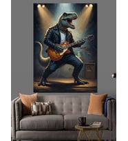 Gitar Çalan Karizmatik Dinozor Figürü Dekoratif Kanvas - Mdf Ahşap Tablo