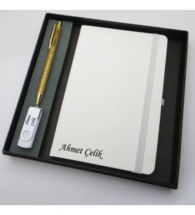 Signator® Codex  N244 Kişiye Özel Defterli Set - İsme Özel Gold Kalem + İsme Özel Beyaz Defter+ İsme Özel 32 GB Usb Bellek  İsme Özel Kutusunda Hediyelik Set (Karışık)