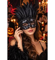 Tüylü Parlak Taş ve Payet Detaylı Yüz Maskesi Halloween Cadılar Bayramı Parti Kostüm Aksesuarı