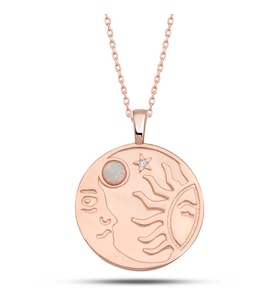 Gümüş Rose Opal Beyaz Taşlı Ay Güneş Kadın Kolye