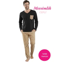 Seamlife Erkek Desenli Düğmesiz V Yaka  %100 Pamuk Mevsimlik Uzun Kol Cepli Pijama Takımı (Siyah)