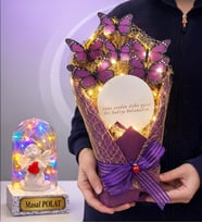 Led Işıklı Aynalı Mor Kelebek Buketi Kişiye Özel Renkli Işıklı Fanus Hediyeli (Model 1)